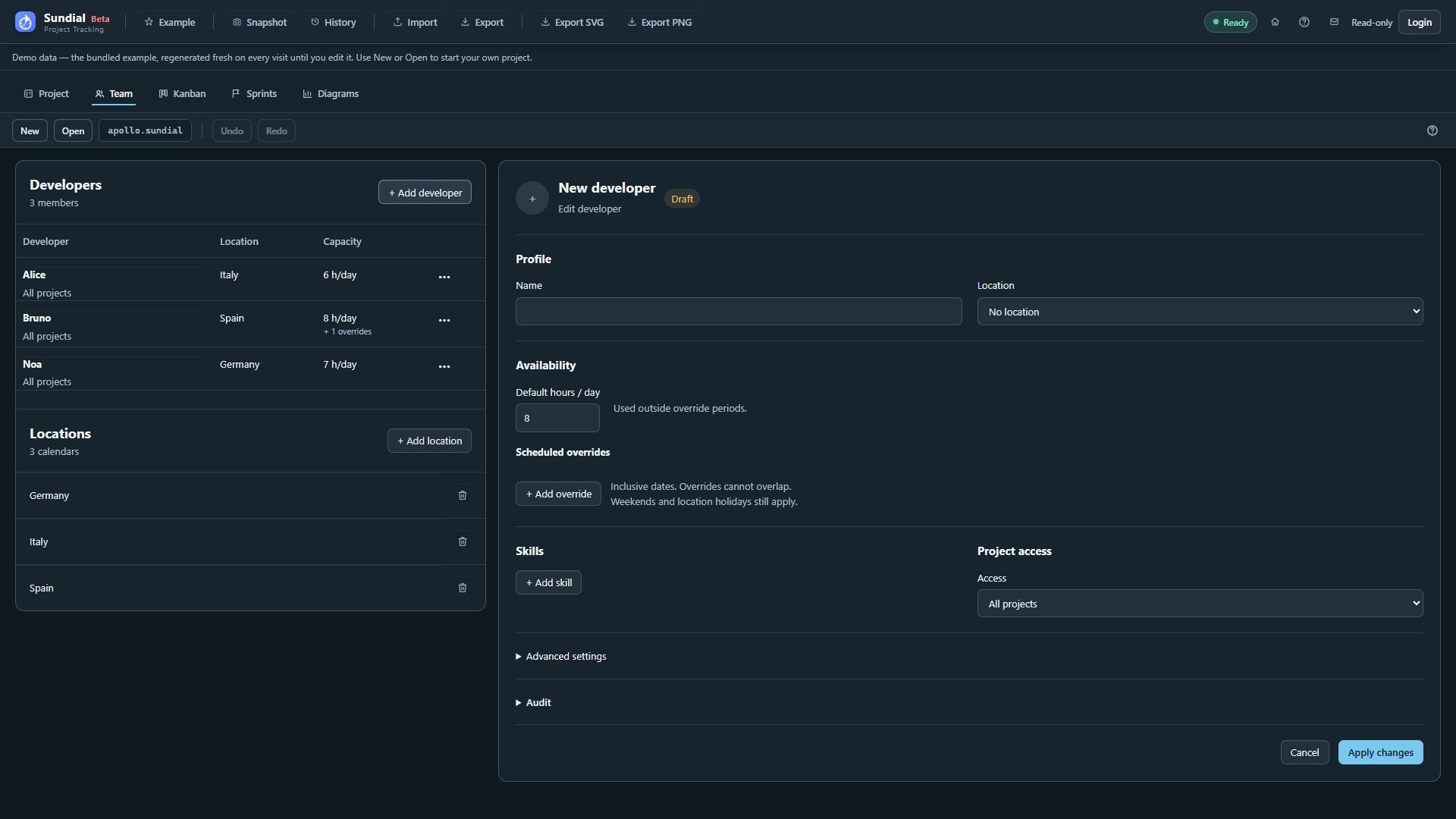 New developer draft with default capacity and profile controls; the draft was discarded.