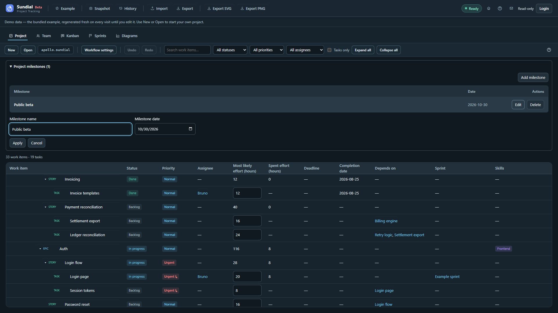 Public beta milestone name and date draft above the current Project table.